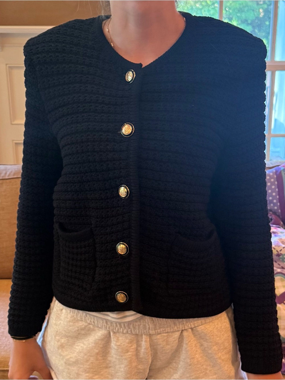 ba&sh Black Textured Knit Cardigan with Gold Buttons